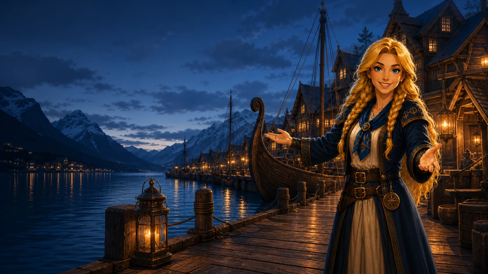 Freya welcomes the learner to The Harbor in the Nordic Conquest illustrated lesson style