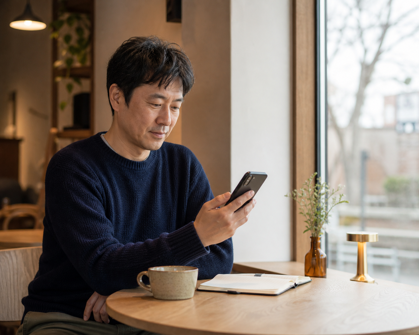An adult learner practicing English on his phone during a café break