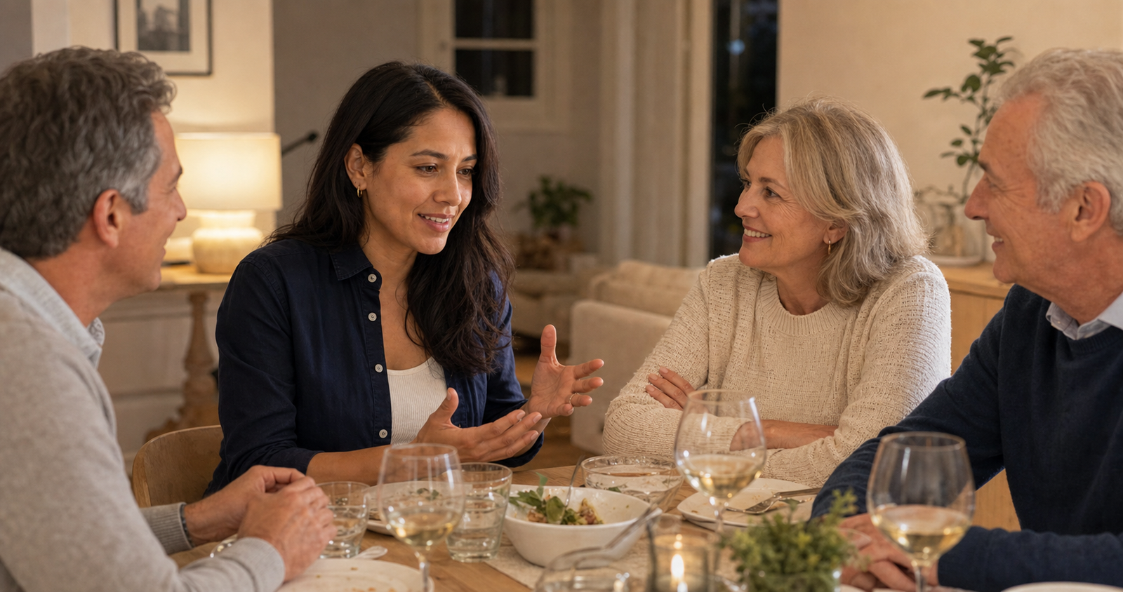 An English learner smiling while talking with her American family-in-law at dinner
