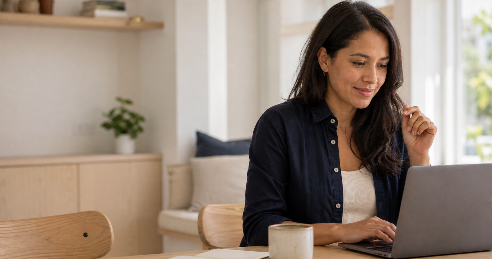 An adult learner practicing English at home on a laptop
