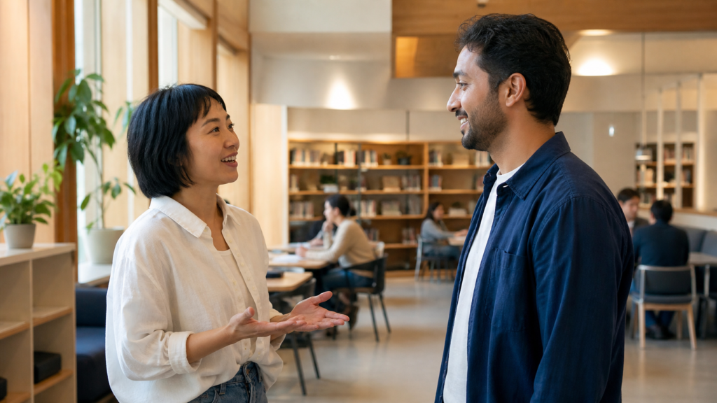 Two adults greet each other in a bright community learning space.