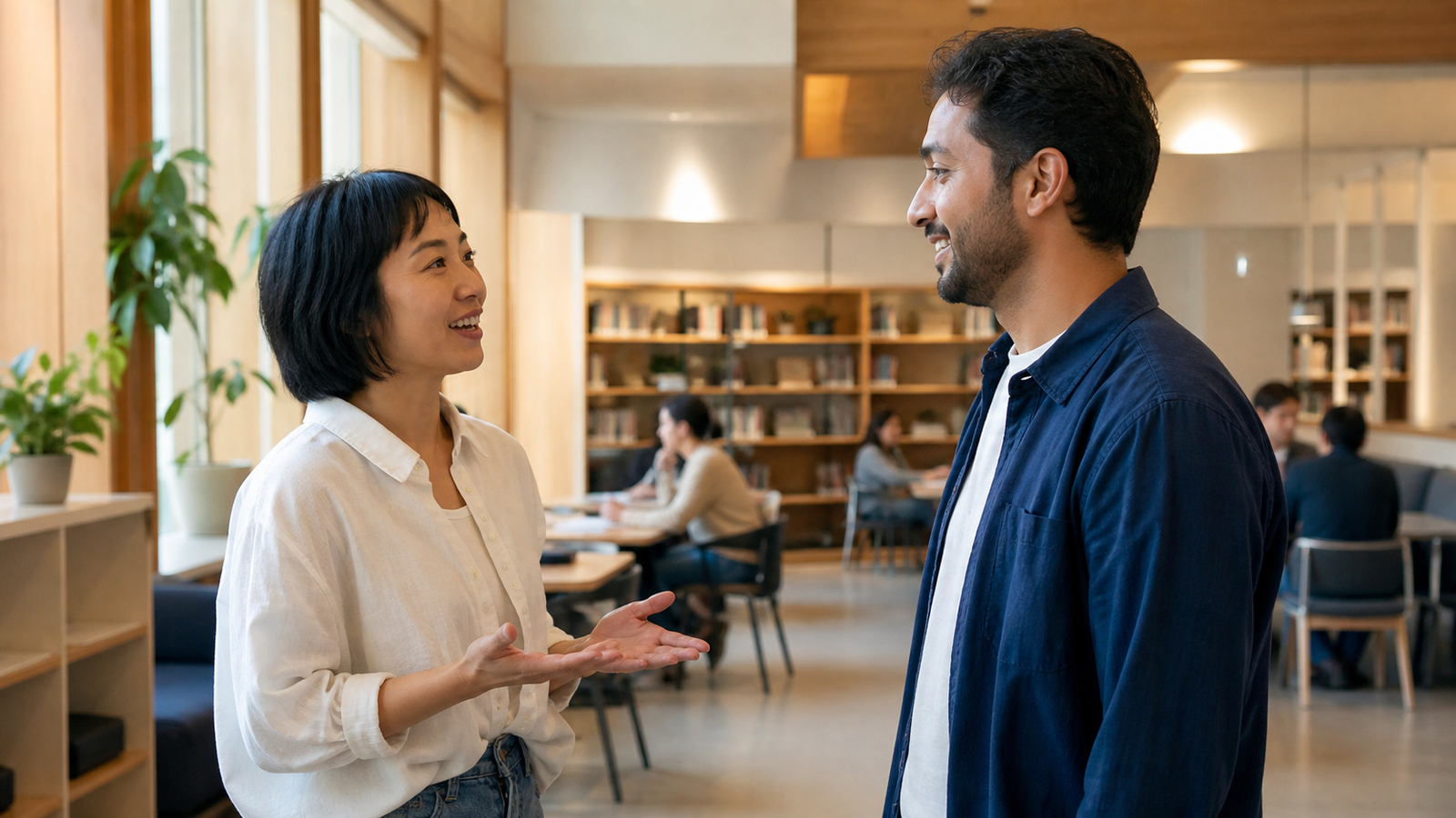 Two adults greet each other in a bright community learning space.