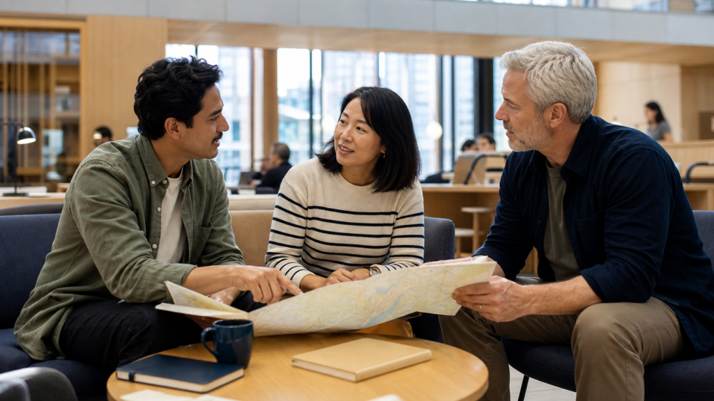 Three adults talk together while looking at an unmarked city map.