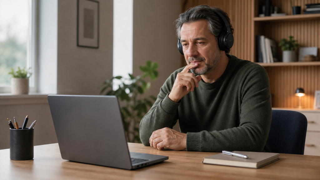 An adult learner listens carefully during an online English conversation.