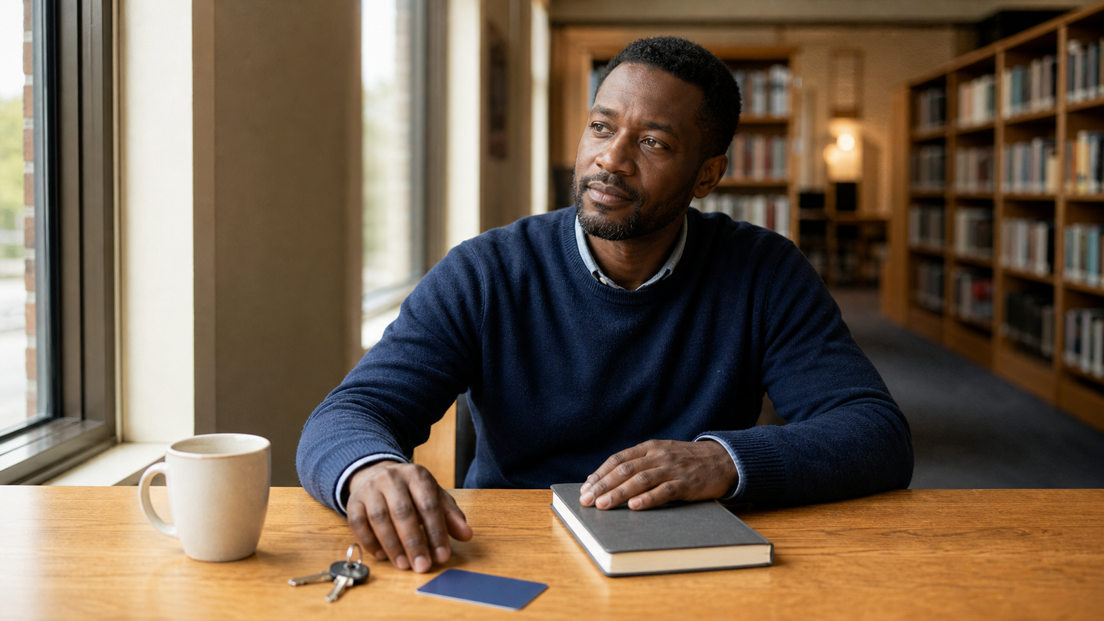 An adult pauses to recall vocabulary at a quiet library table.