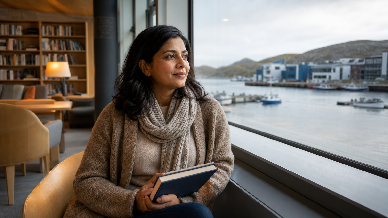 An adult reader looks across a calm waterfront from a coastal learning space.