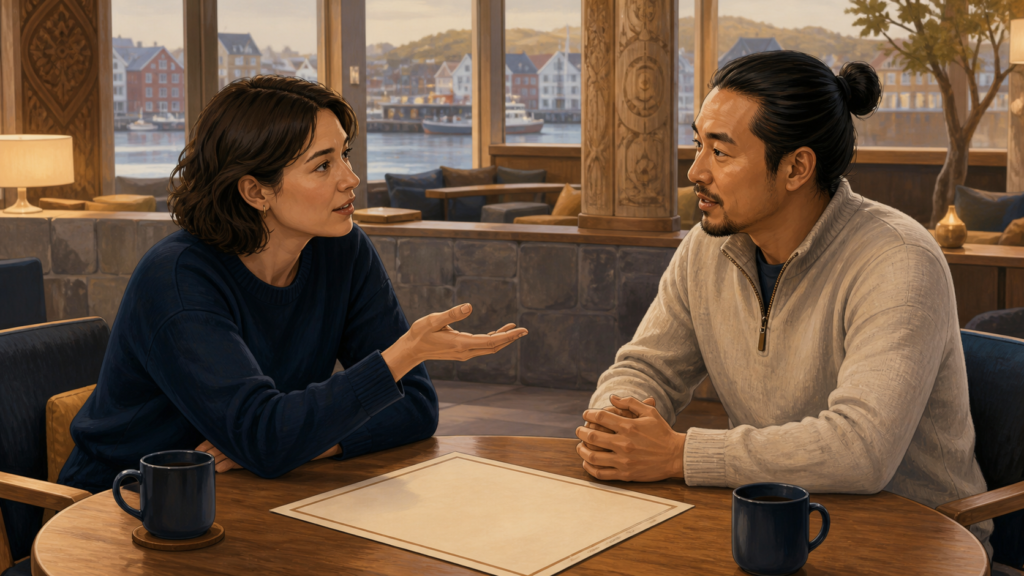 Two adults calmly clarify a point during a conversation in a warm harbor-side lounge.
