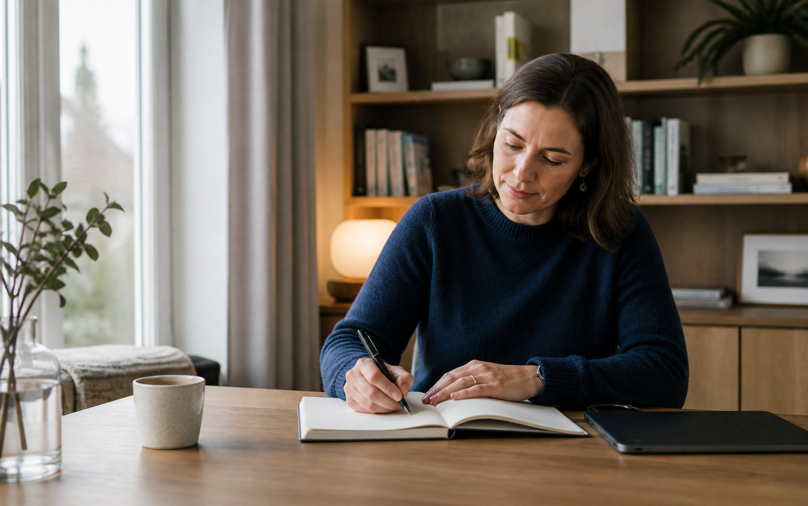 An adult learner calmly plans a week of English practice at a quiet table by a window.