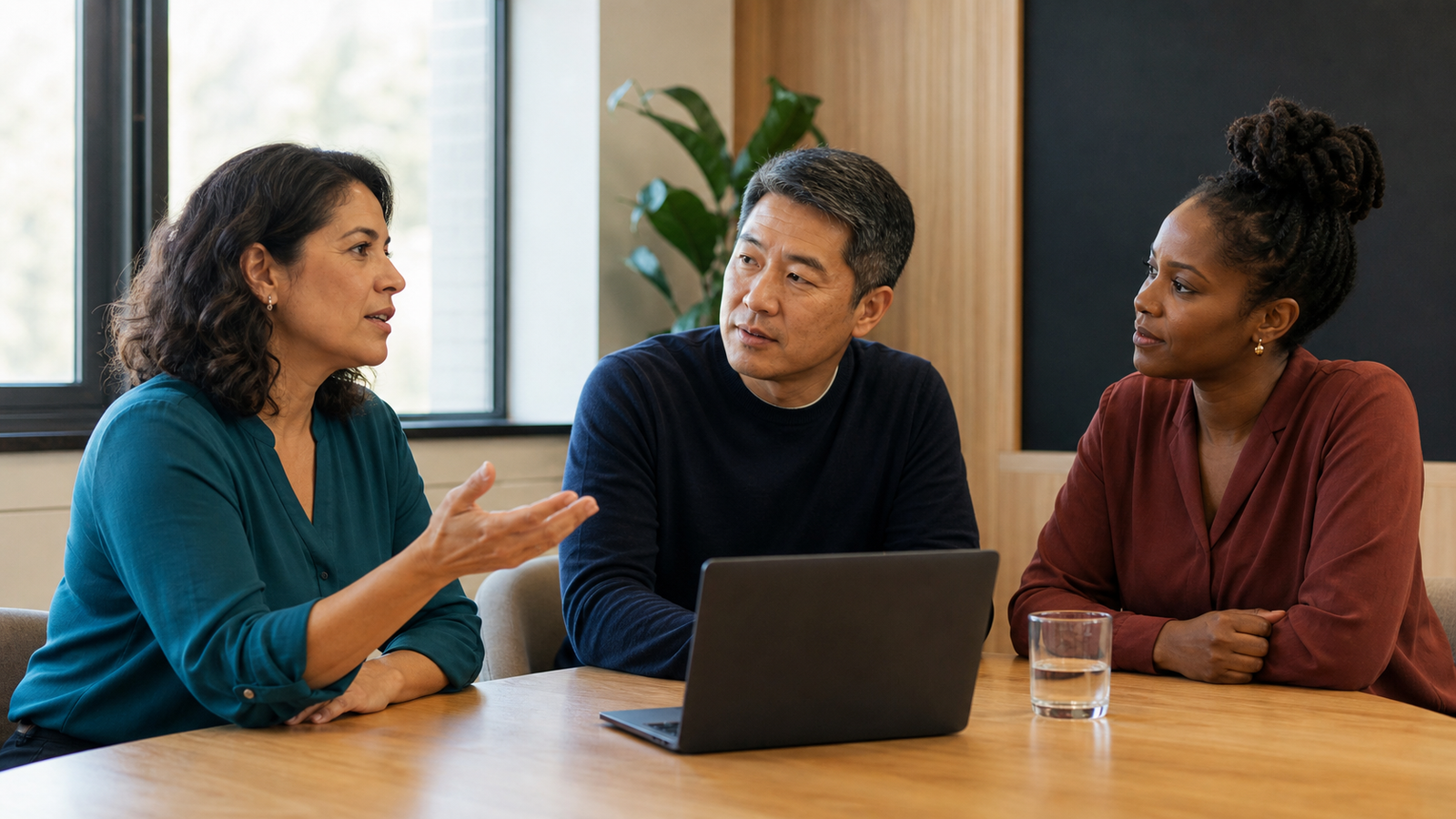 Three adult colleagues practice a workplace conversation in a small meeting room.