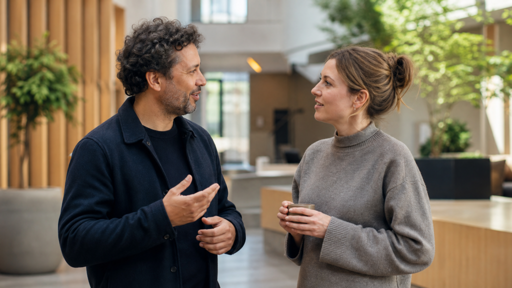 Two adults have a relaxed conversation in a bright public atrium.